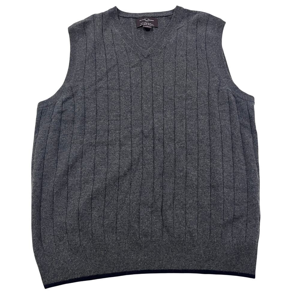 BLACK BROWN 1826 100% 2 Ply Cashmere Cable Knit Sweater Vest Mens L Gray V-Neck